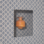 Small brown vase on a patterned blue and white background