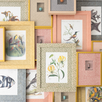 Collage of framed artwork with various patterns and subjects on a textured wall.