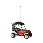 Decorative ornament of a red golf cart with a driver figure on a white background