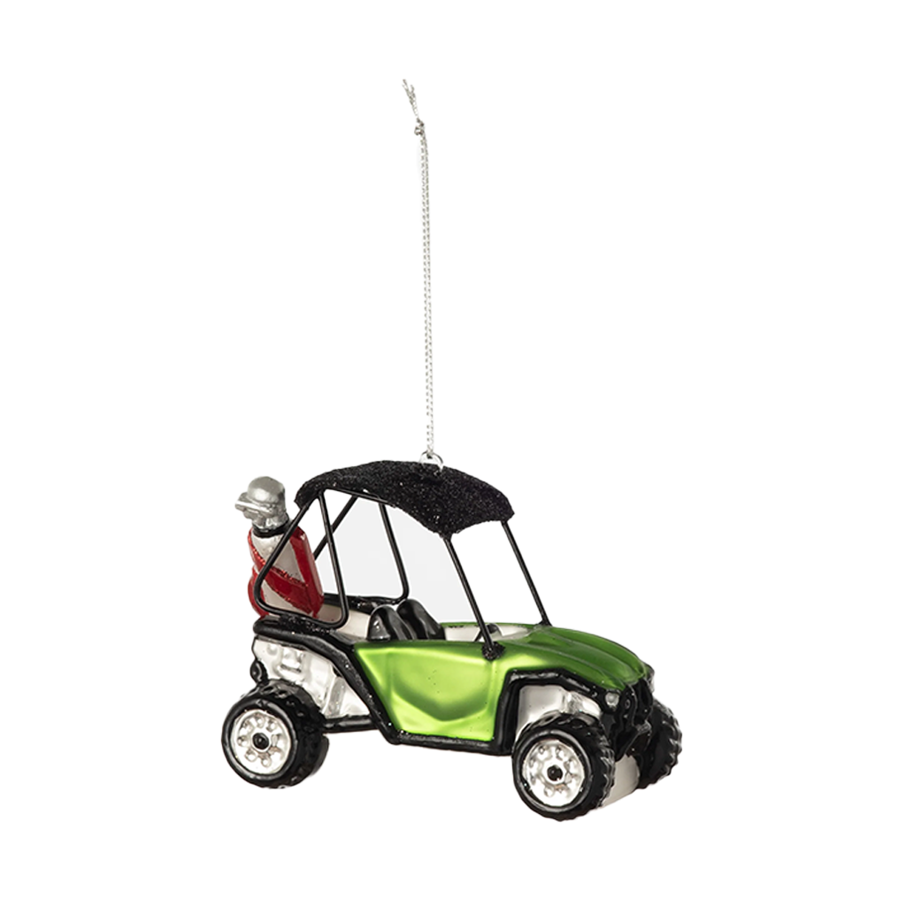 Green golf cart ornament with a clear windshield on a white background