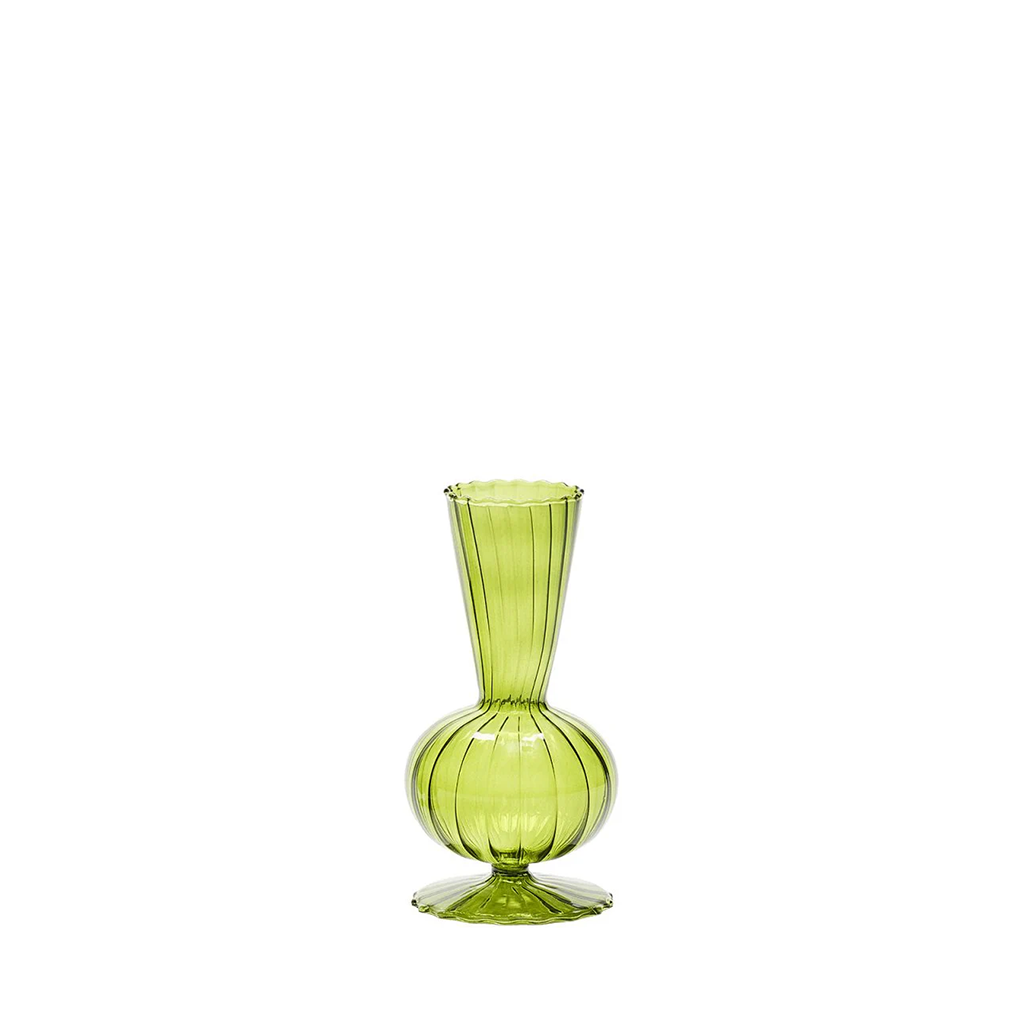 A vibrant green glass Poppy Bud Vase with a flared design, set against a white background.