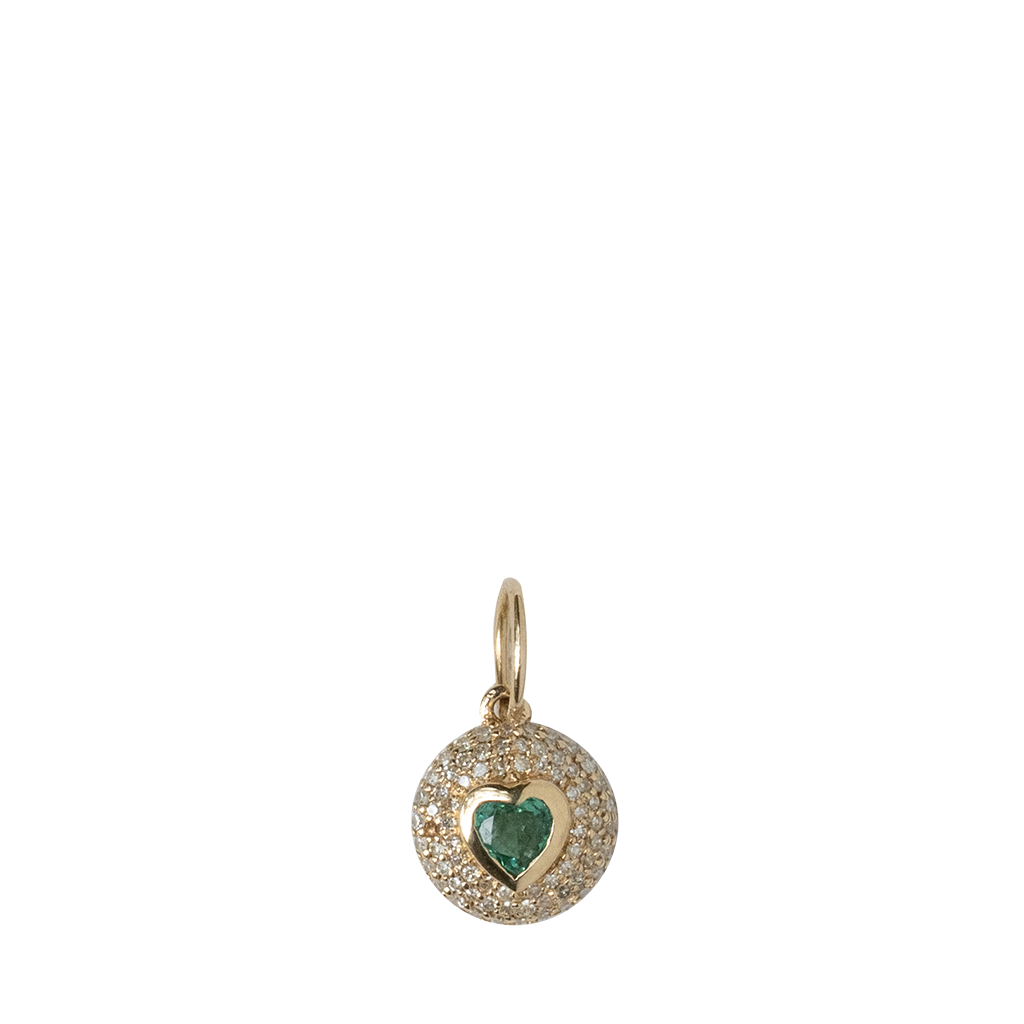 Gold pendant with a green gemstone heart on a white background