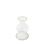 Clear glass vase with green decorative rim on a white background