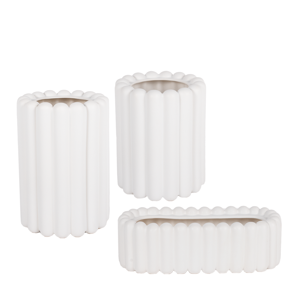 3 white planters of various sizes