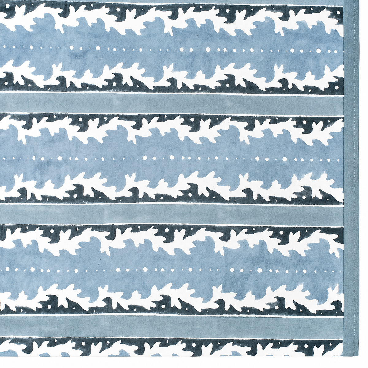 A close-up of a tablecloth pattern featuring horizontal bands of light blue, white, and dark navy, with repeating stylized leaf or bird-like motifs and dotted lines.