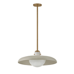 A modern pendant light fixture with a wide, shallow dome shade in a warm off-white finish, a frosted glass globe bulb, and a brushed brass suspension rod and canopy, shown against a solid white background.