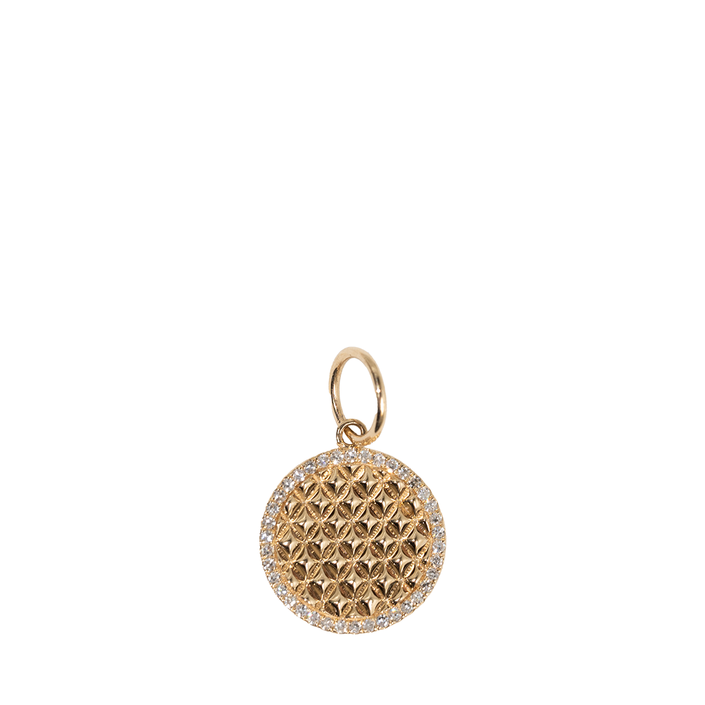 Diamond & Gold Round Textured Disc Pendant 15mm