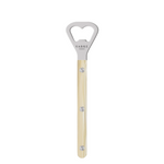Stainless steel utensil with beige handle on a white background