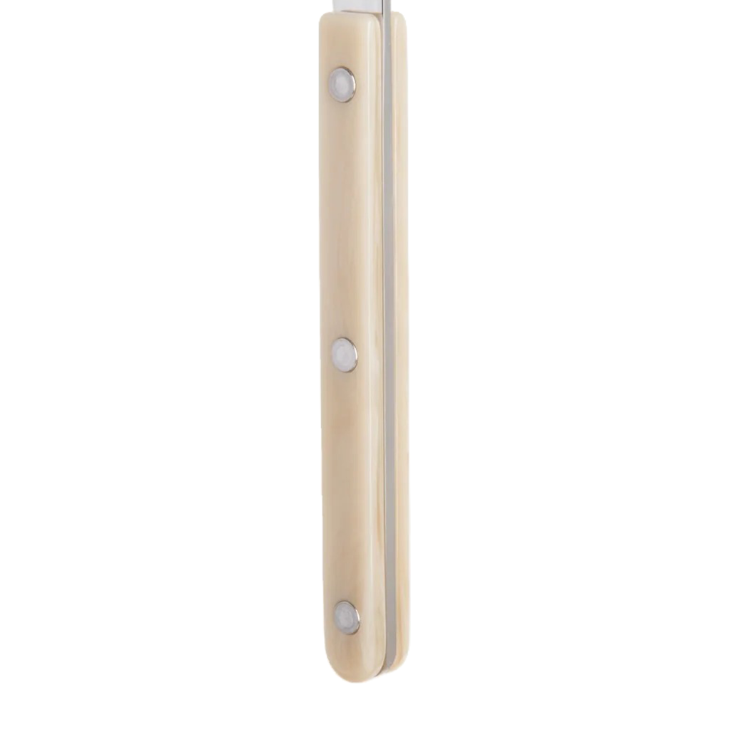 Stainless steel utensil with beige handle on a white background
