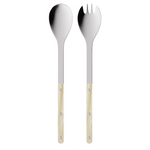 Stainless steel spoon and fork with beige handles on a white background