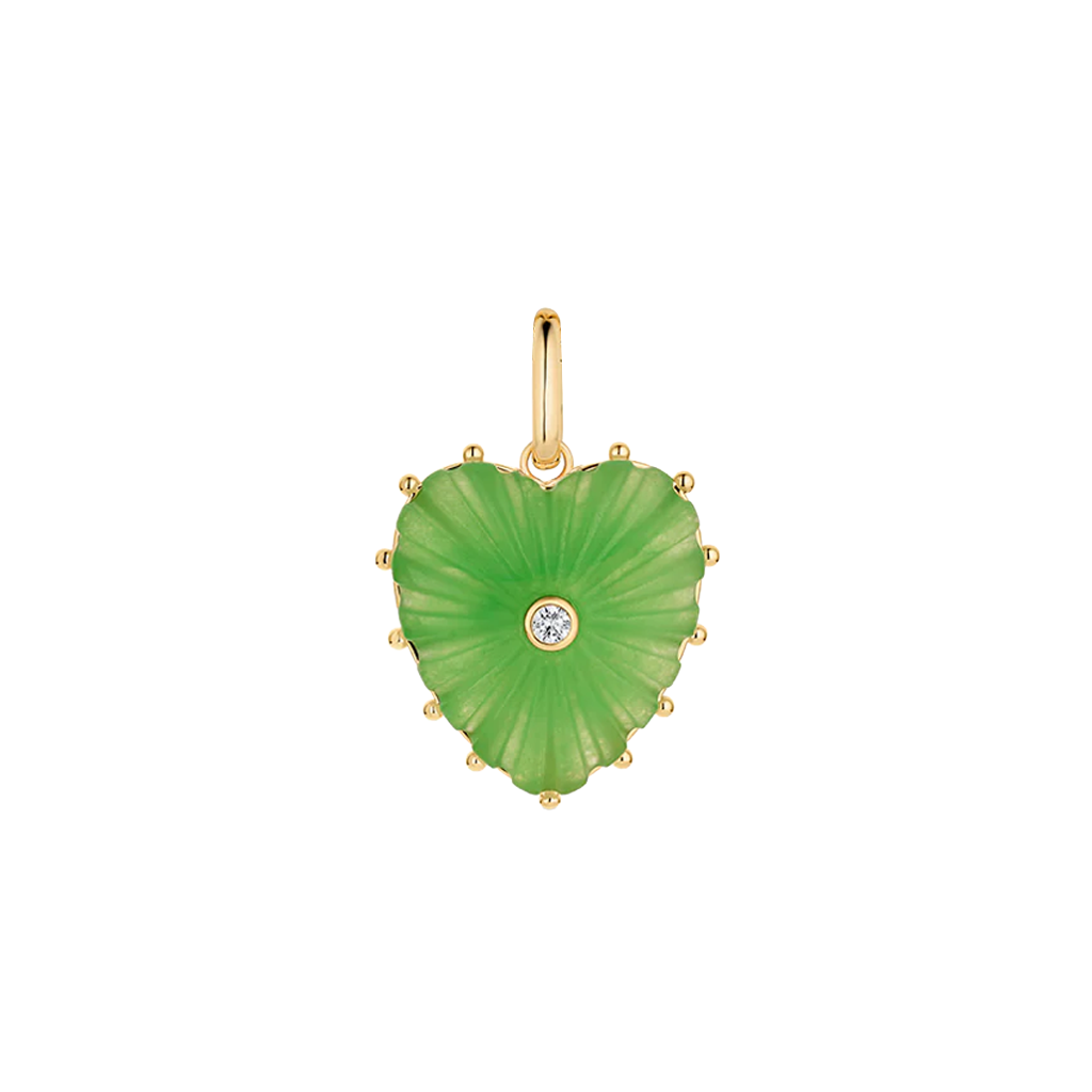 A heart-shaped pendant featuring a green leaf design with gold-toned metal borders and a small clear round stone at the center, shown on a plain white background.