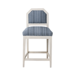 White bar stool with blue striped cushion on a white background