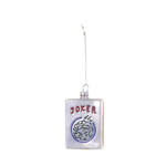 Decorative glass ornament with 'Joker' text on a white background