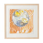 Framed artwork of a bowl with lemons on an orange and white striped background