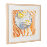 Framed artwork with abstract design featuring a blue circle and yellow shapes on an orange background.