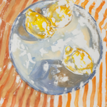 Three yellow fruits with white spots on a blue plate against an orange and white striped background