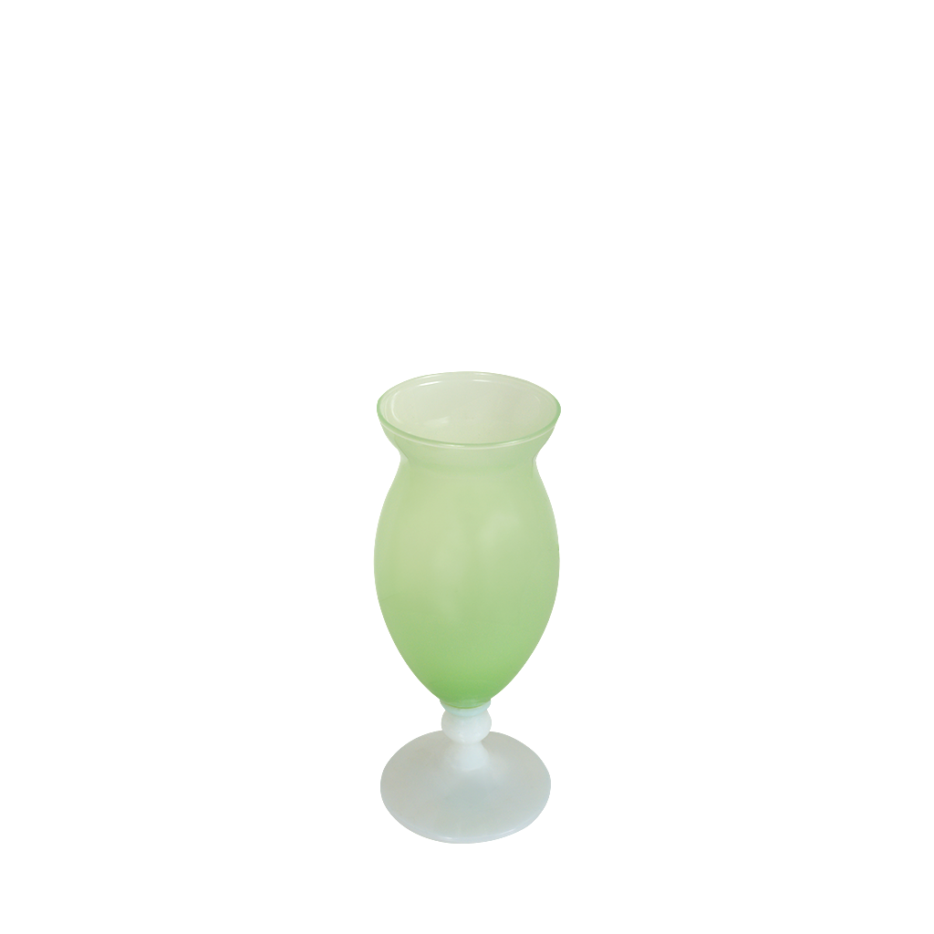 Frosted light green glass vase with rounded body and flared rim on a frosted white pedestal base.