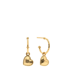 gold hoop earrings with a heart dangle on a white background