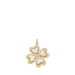 Gold pendant with heart designs on a white background