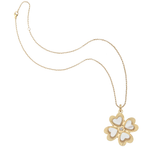 Gold necklace with a clover-shaped pendant on a white background