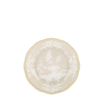 Round ceramic plate with textured surface on a white background