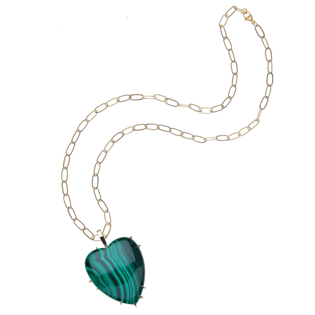 Necklace with a green heart-shaped pendant on a white background