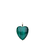 Heart-shaped malachite pendant with green and black banded patterns on gold chain.