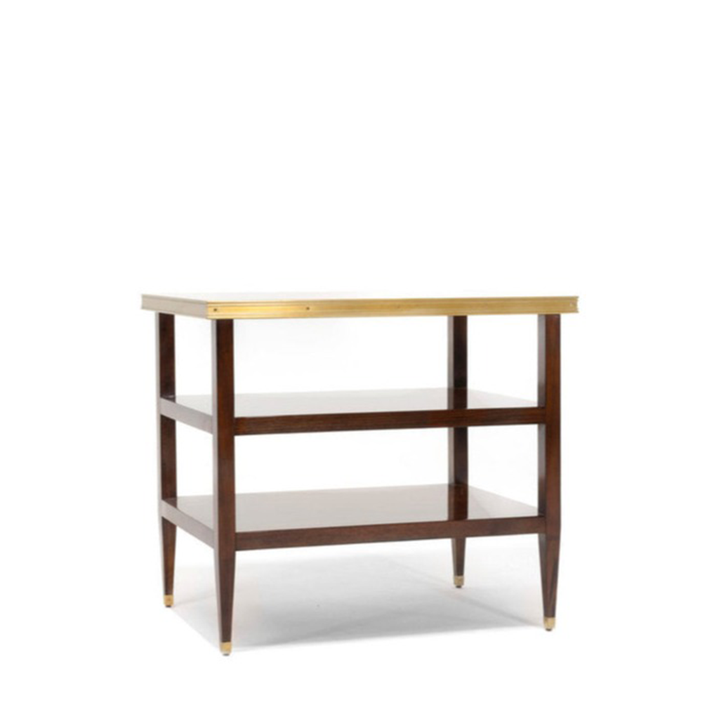 Two-tier wooden side table with dark brown finish, brass accents, and slim tapered legs.