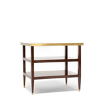 Two-tier wooden side table with dark brown finish, brass accents, and slim tapered legs.