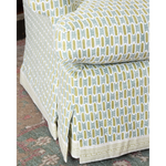 closeup of a blue and green patterned chair