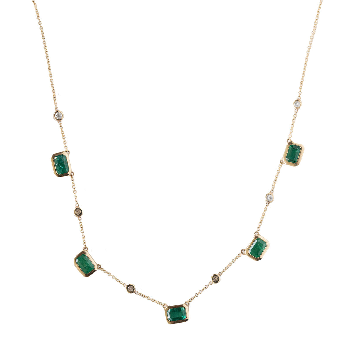 A gold-colored necklace featuring bezel-set emerald pendants and smaller diamonds, with a length of 16-18 inches.