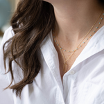 Delicate gold chain necklace with a small keyhole pendant worn over a white button-up shirt.