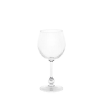 A clear glass wine glass with a wide, rounded bowl featuring vertical ribbed detailing, a slender stem, and a round foot, shown against a plain white background.