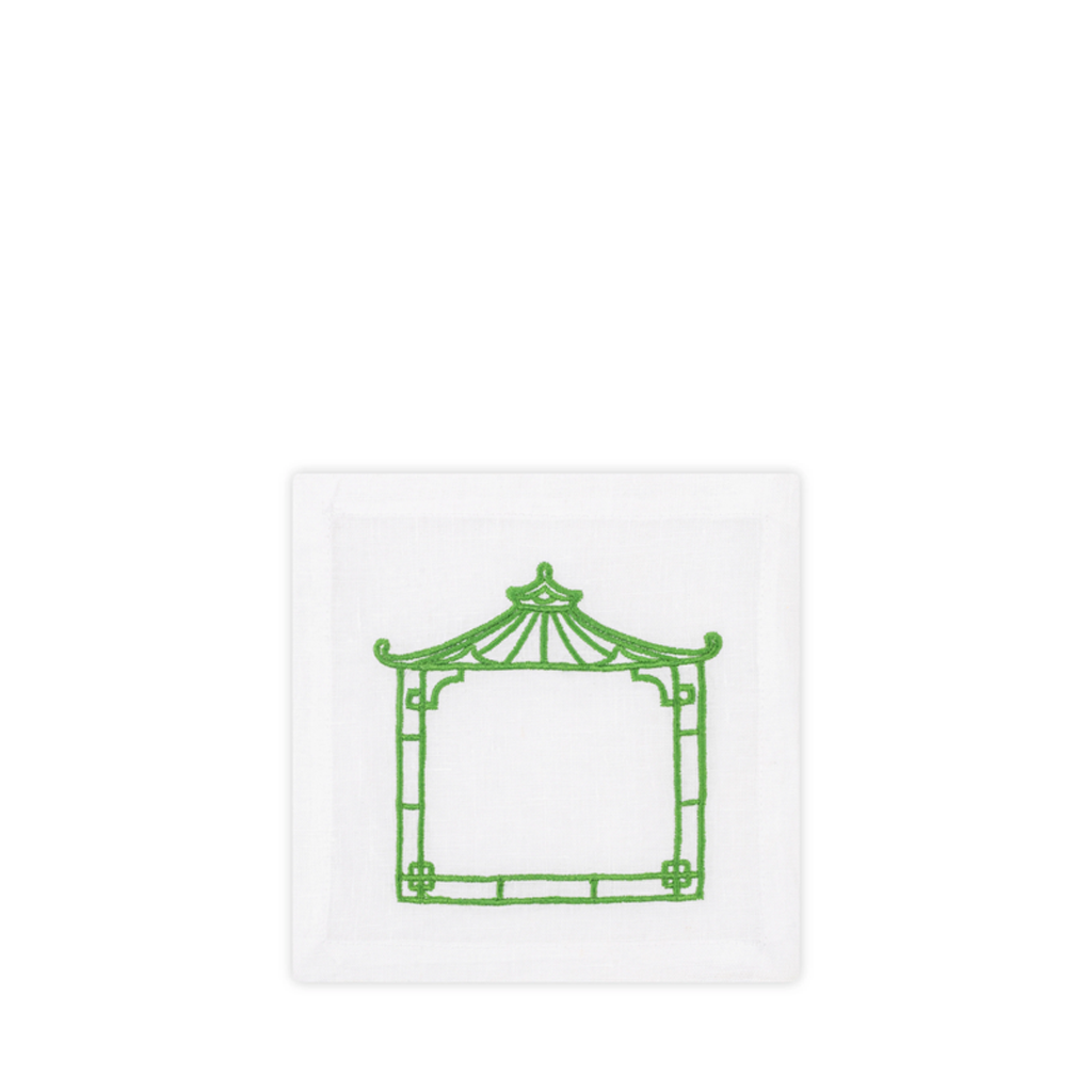 Green pagoda design on a white background