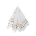 A white cotton napkin with embroidered gold and green leafy border details, folded and displayed on a solid white background.