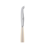 Stainless steel cheese knife with a gold handle on a white background