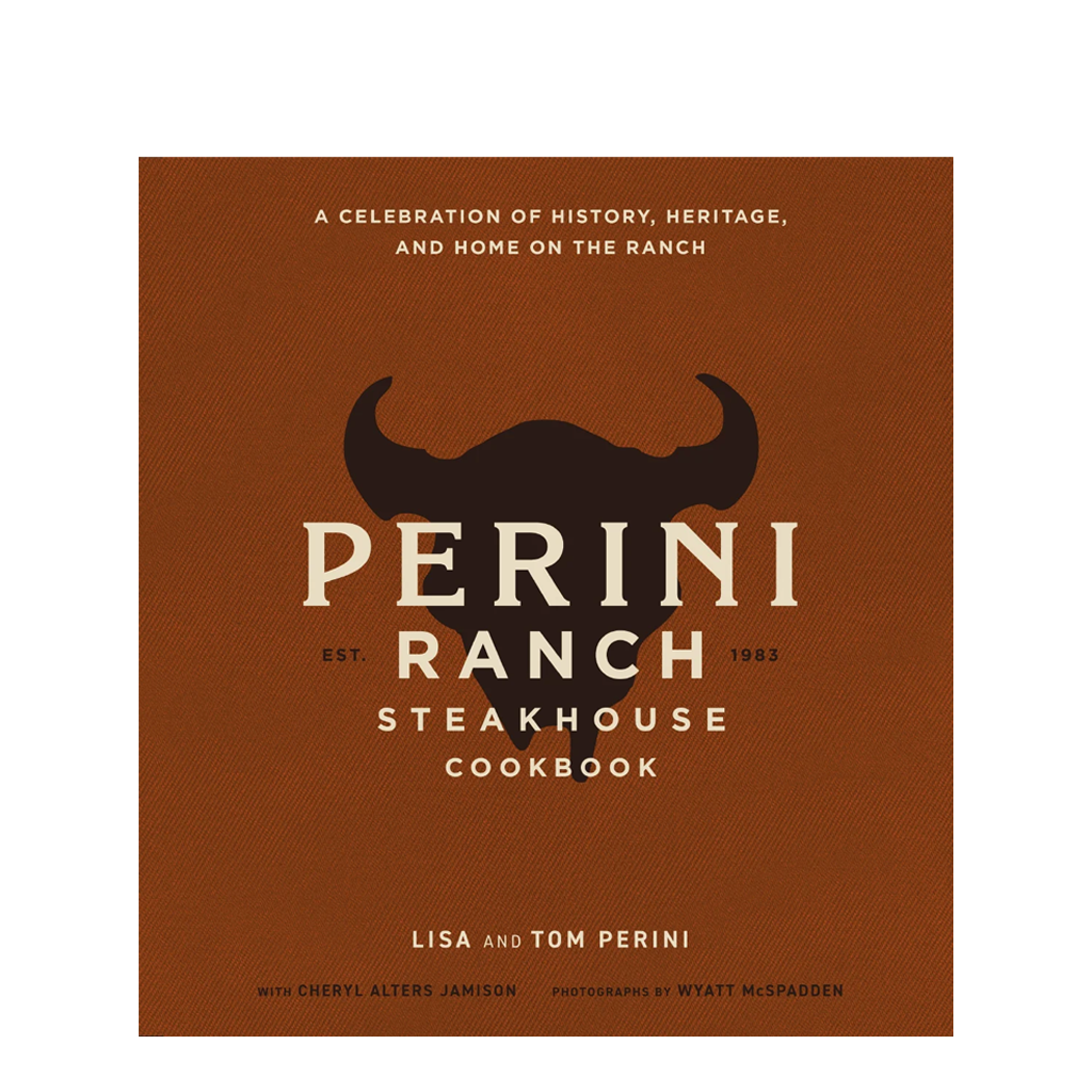 Perini Ranch Steakhouse Cookbook cover with brown background and black bull logo