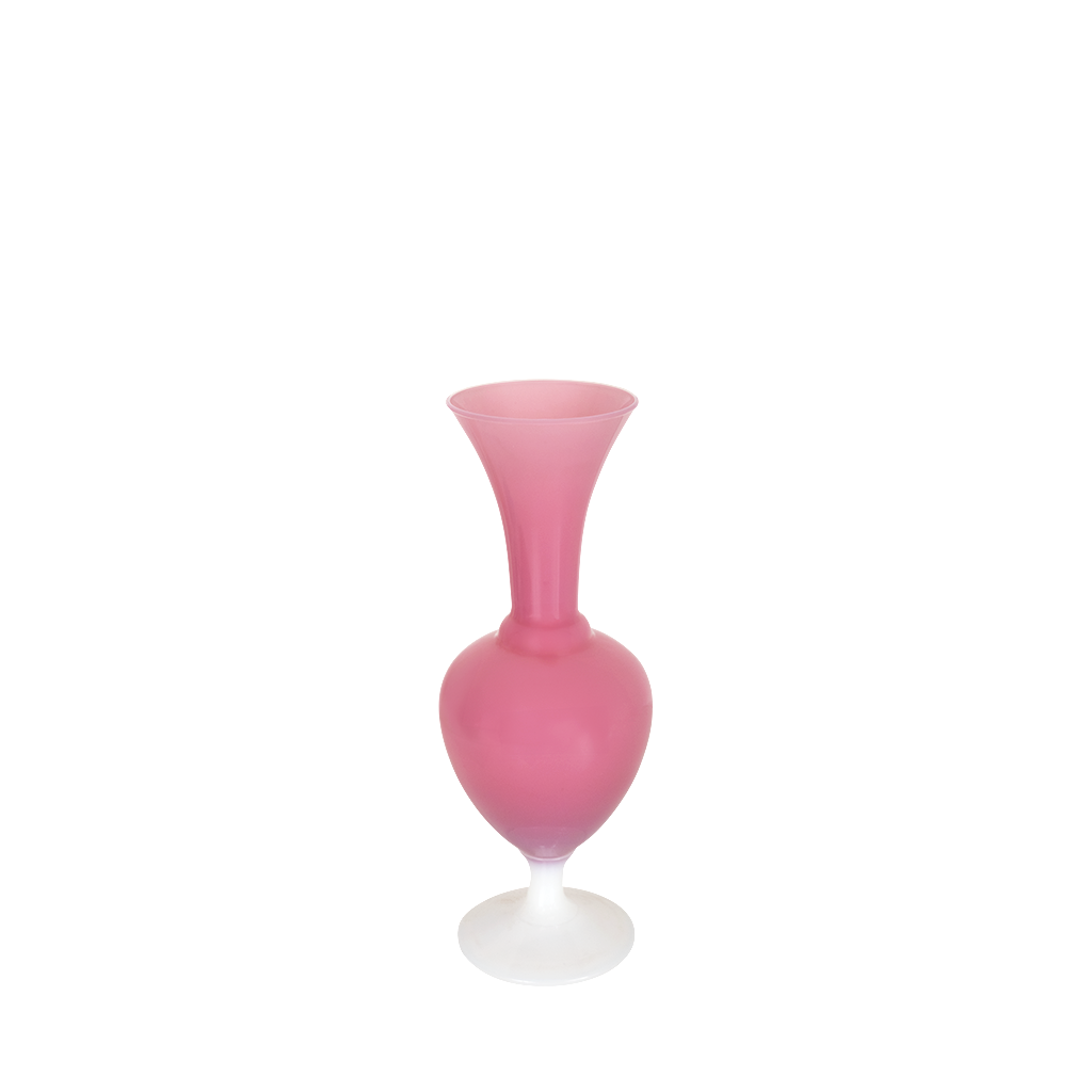 Tall pink glass vase with a flared top and frosted white base.