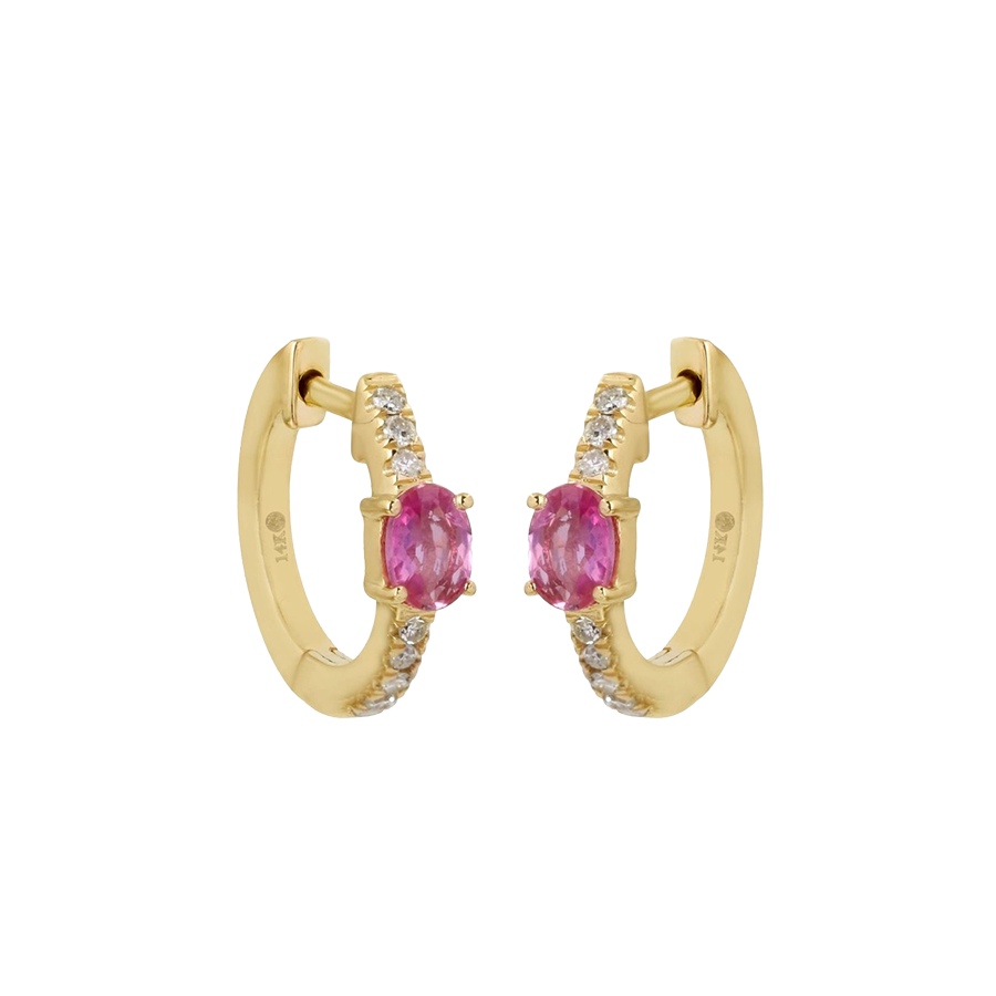 Diamond & Pink Sapphire Huggie Gold Earrings 13mm