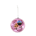 Decorative pink ornament with caviar-themed design on a white background