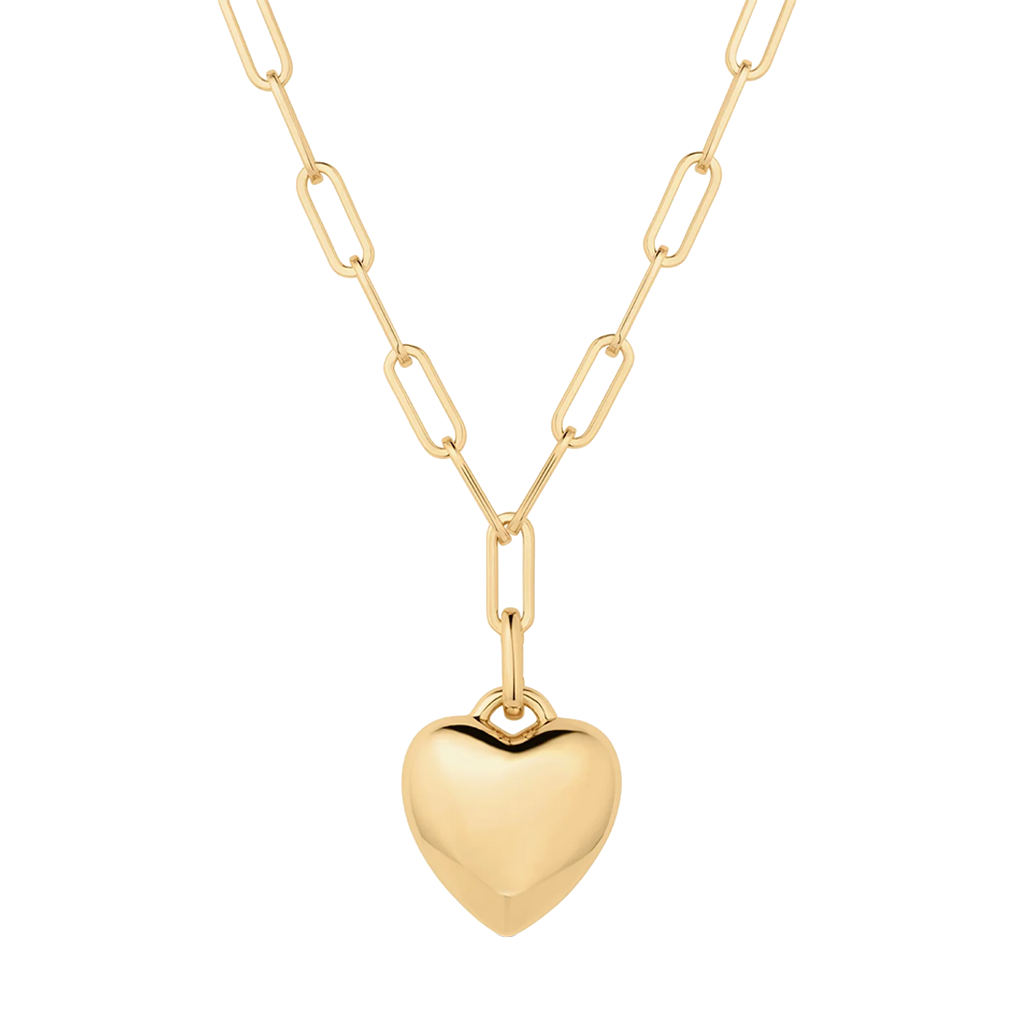 gold heart charm with paperclip chain on a white background
