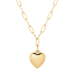 gold heart charm with paperclip chain on a white background