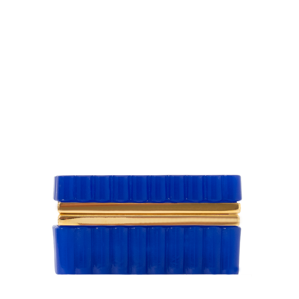 Rectangular cobalt blue opaline box with scalloped edges and gold-tone metal trim around the middle.