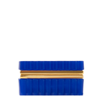 Rectangular cobalt blue opaline box with scalloped edges and gold-tone metal trim around the middle.