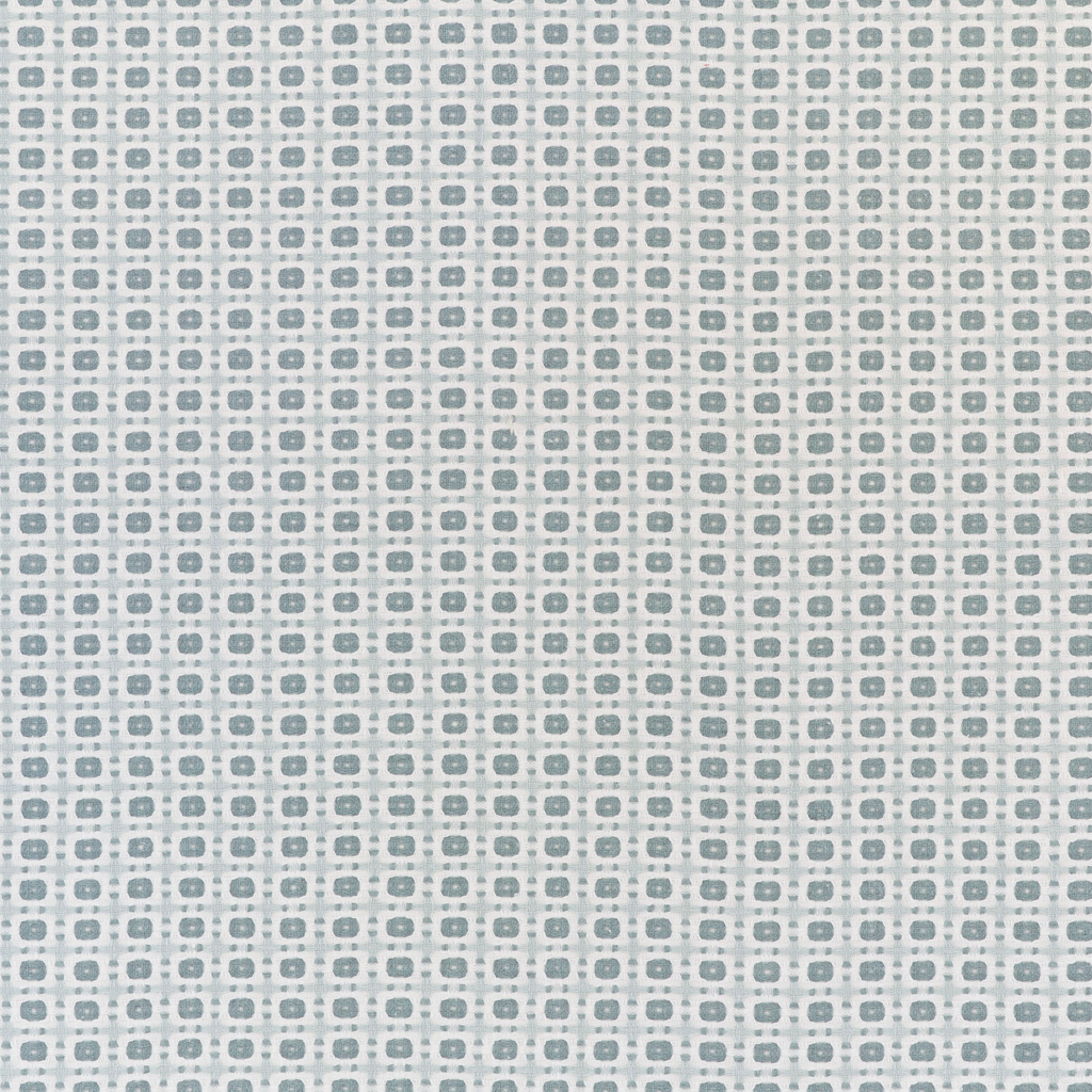A close-up of a repeating geometric pattern featuring small blue-gray rounded squares and dots on a white background.