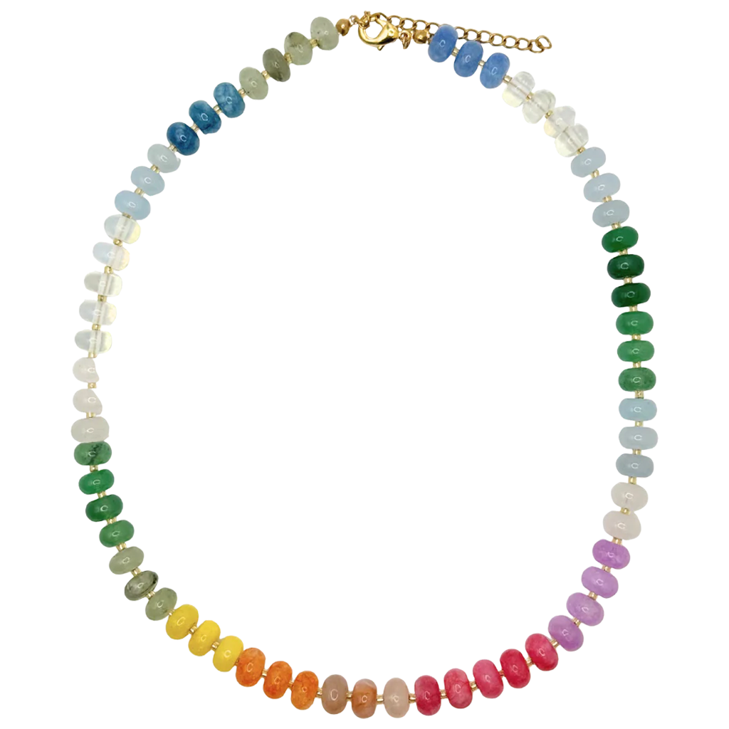 colorful beaded necklace with gold lobster clasp on a white background