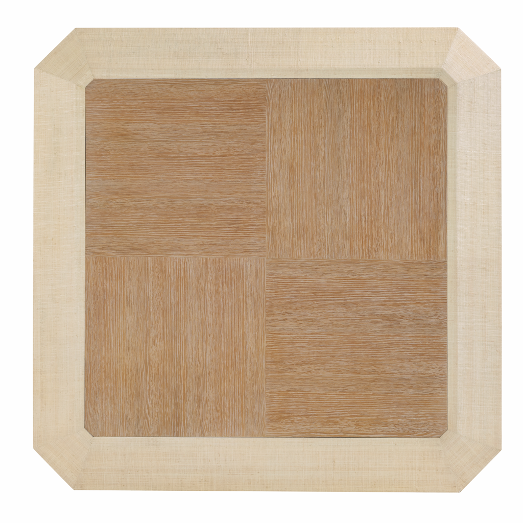 Birds-eye view of a wooden coffee table on a white background