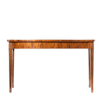 A traditional wooden console table with a warm brown wood grain finish, featuring fluted legs and circular inlays on the apron, shown against a plain white background.