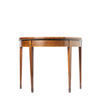 A side view of a round demi-lune console table with tapered legs and decorative inlays, shown against a plain white background.