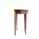 Side view of a compact wooden folding table with a rounded top, straight tapered legs, and delicate floral inlay accents on the corners. The warm wood finish and fine veneer detailing give the piece an elegant antique appearance.